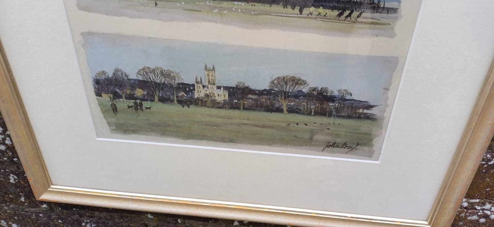 Vintage Canterbury Cathedral by day and night watercolour sketches by John Boyle in glazed vintage painted frame, trio of paintings
