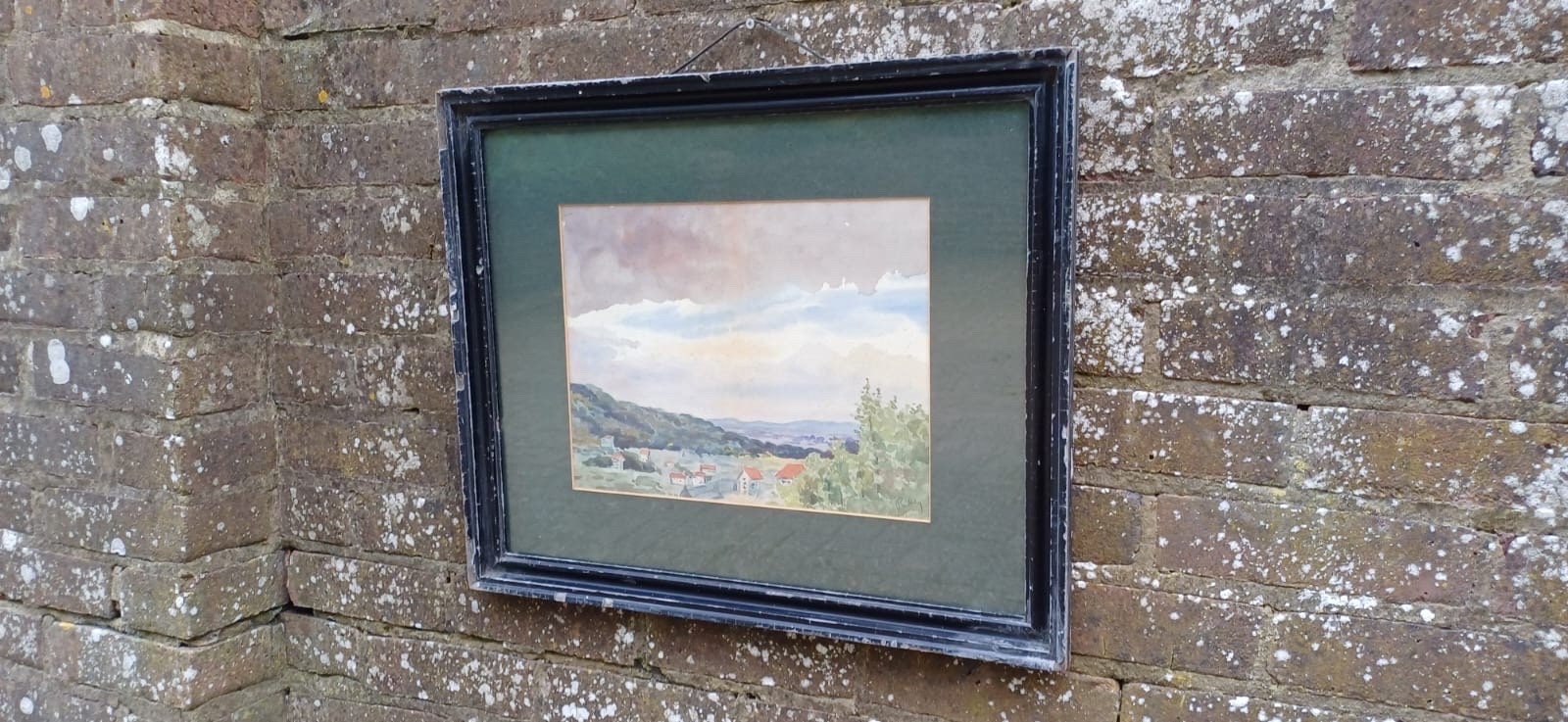 Vintage black gesso frame with a landscape watercolour painting, original vintage painting in vintage black glazed frame, early 1900s