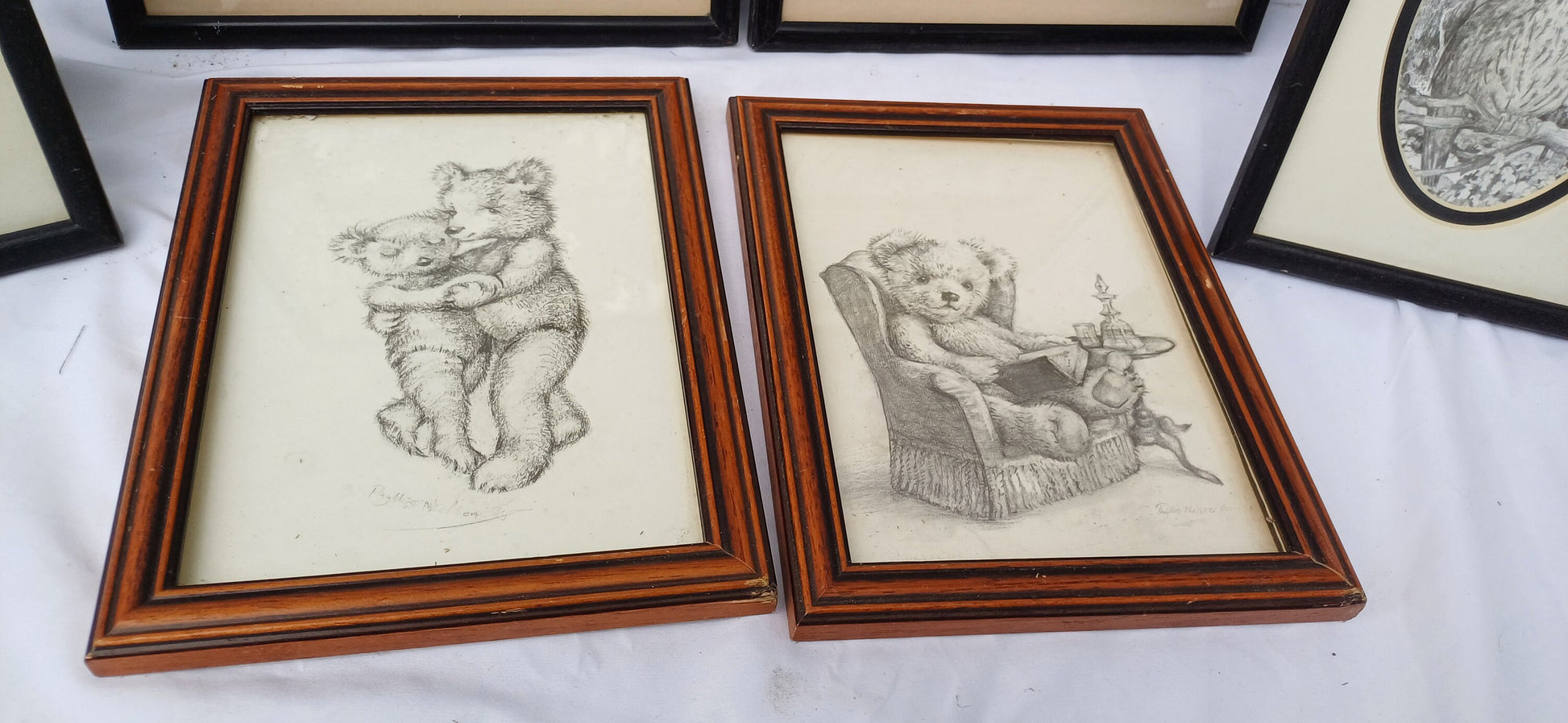 Three Pairs Collection of Vintage Pictures Picture Frames Framing Glazed with Boarded Backings Frame Artist.Teddies Owl Donkey and Cats.