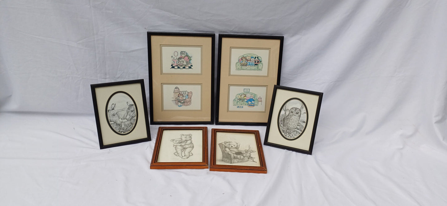Three Pairs Collection of Vintage Pictures Picture Frames Framing Glazed with Boarded Backings Frame Artist.Teddies Owl Donkey and Cats.