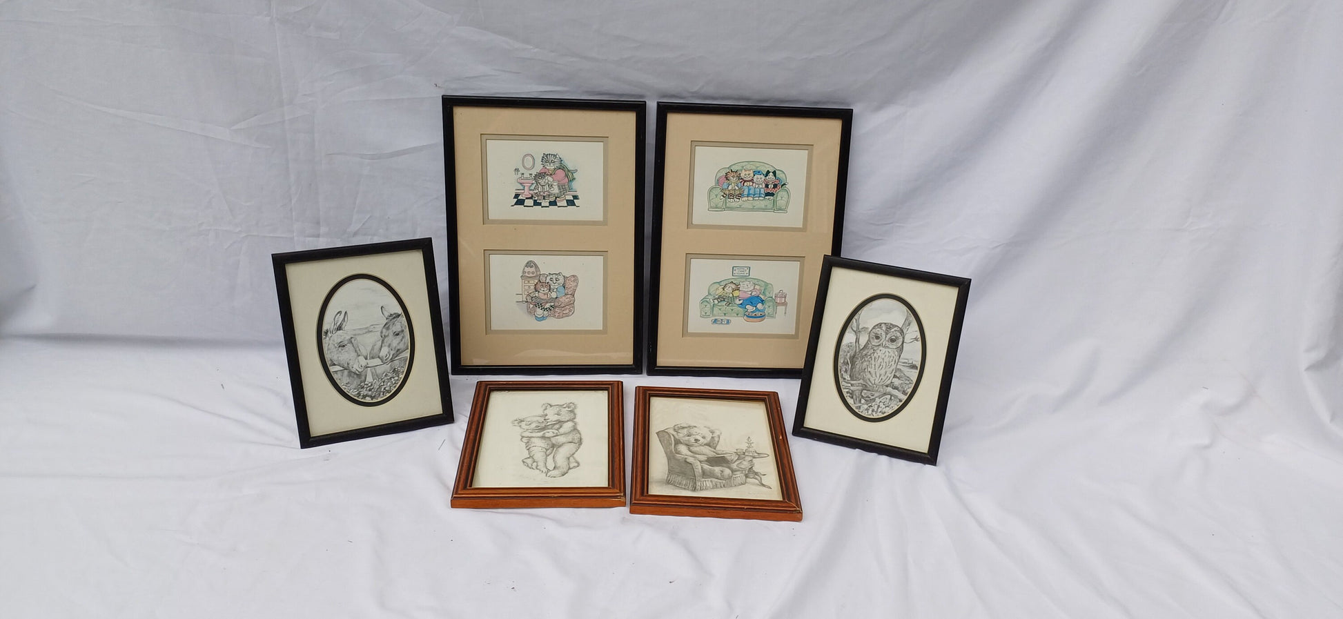 Three Pairs Collection of Vintage Pictures Picture Frames Framing Glazed with Boarded Backings Frame Artist.Teddies Owl Donkey and Cats.