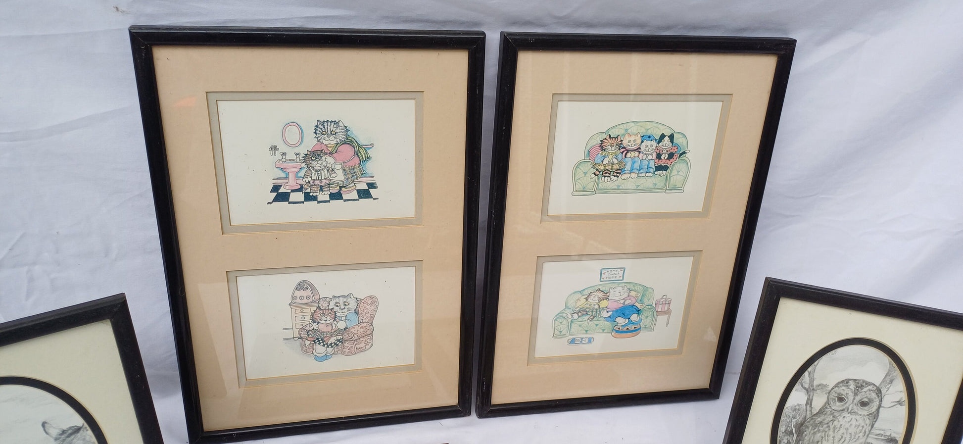 Three Pairs Collection of Vintage Pictures Picture Frames Framing Glazed with Boarded Backings Frame Artist.Teddies Owl Donkey and Cats.
