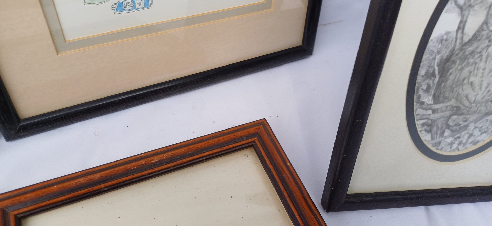 Three Pairs Collection of Vintage Pictures Picture Frames Framing Glazed with Boarded Backings Frame Artist.Teddies Owl Donkey and Cats.
