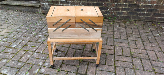 Vintage Retro Hand Stripped Mid 20th Century Beech Expanding Workbox Needlepoint Needlework Storage.