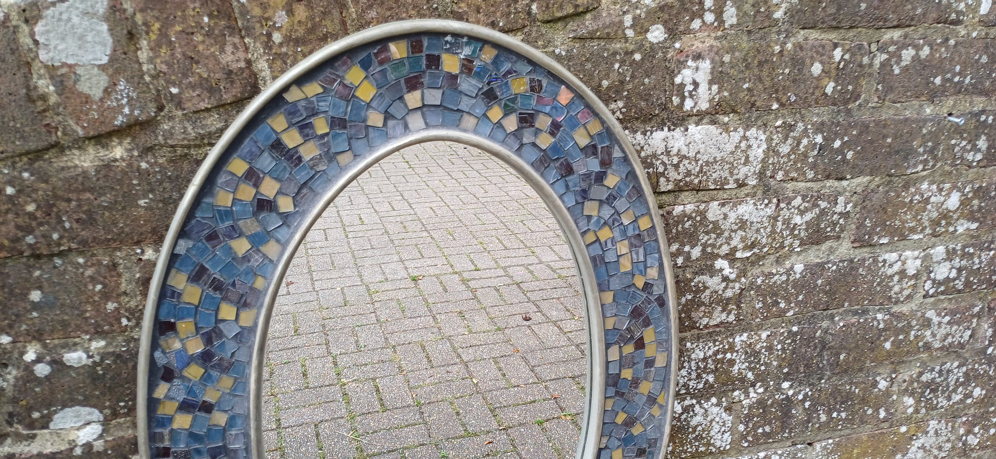Vintage 80s Oval Bespoke Mosaic Mirror Sea and Sand Hues