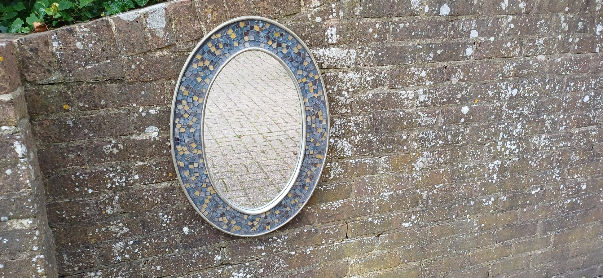Vintage 80s Oval Bespoke Mosaic Mirror Sea and Sand Hues