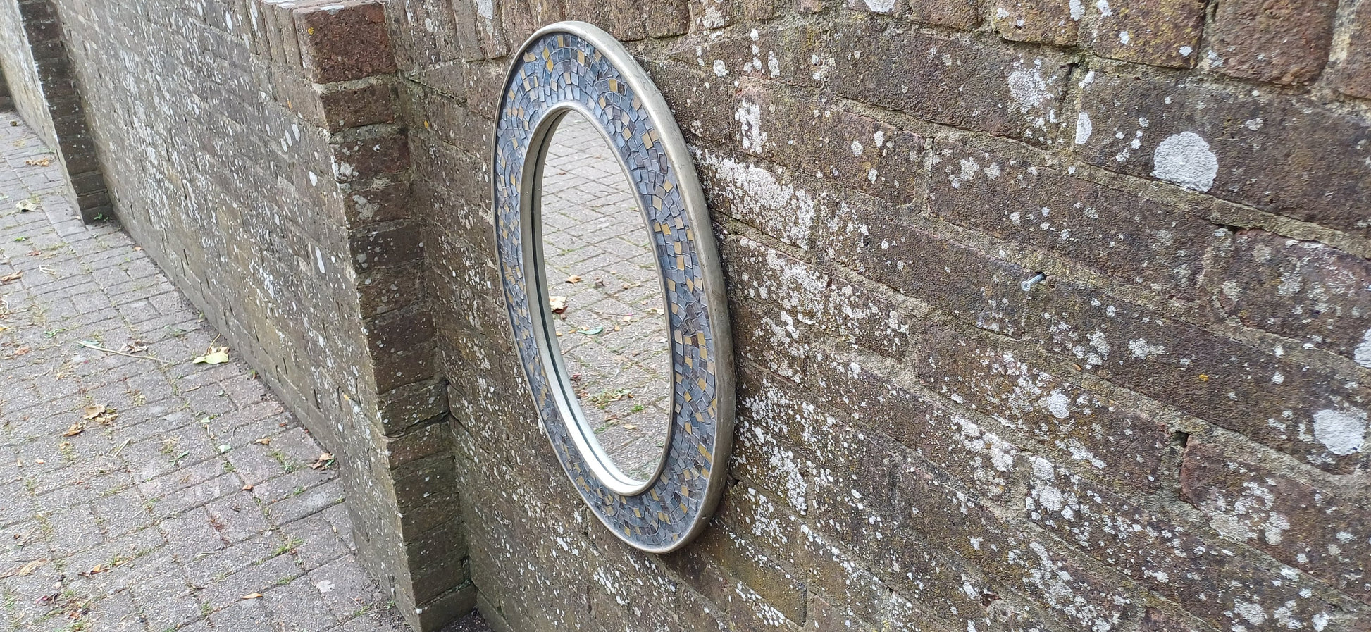Vintage 80s Oval Bespoke Mosaic Mirror Sea and Sand Hues