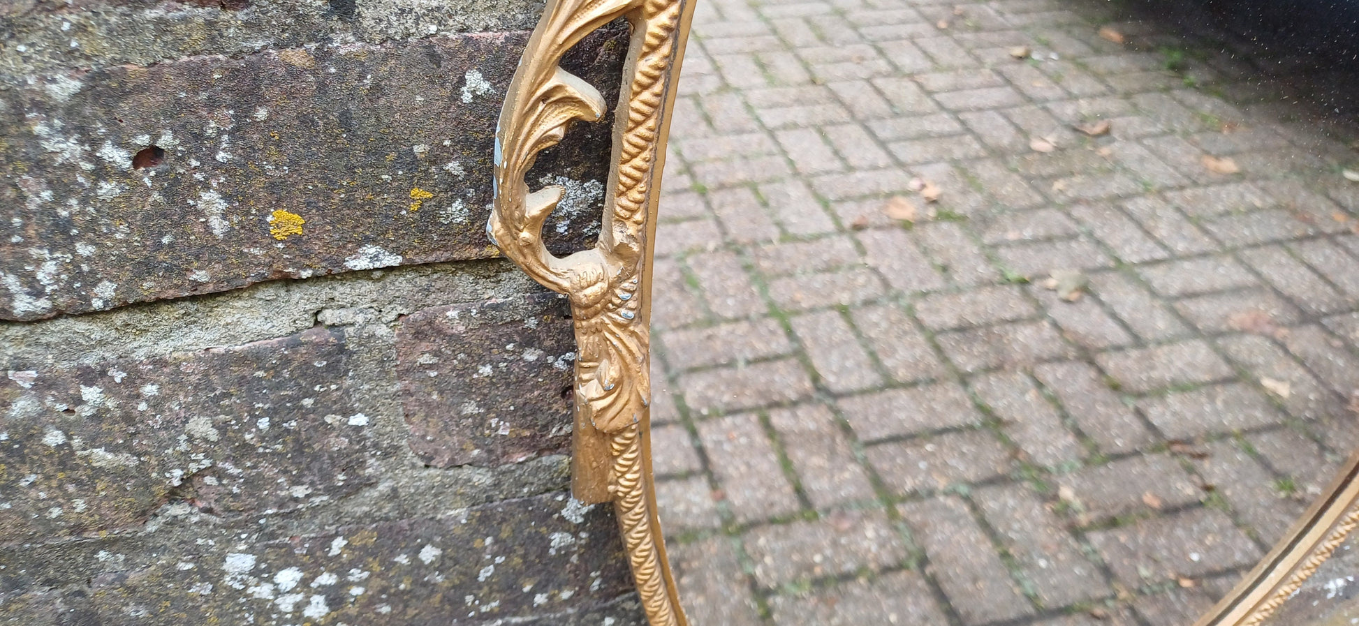 Beautiful Vintage 80s or 90s Ornate Oval Metal Gold Italian Style Wall Mirror Flower in Basket Decoration