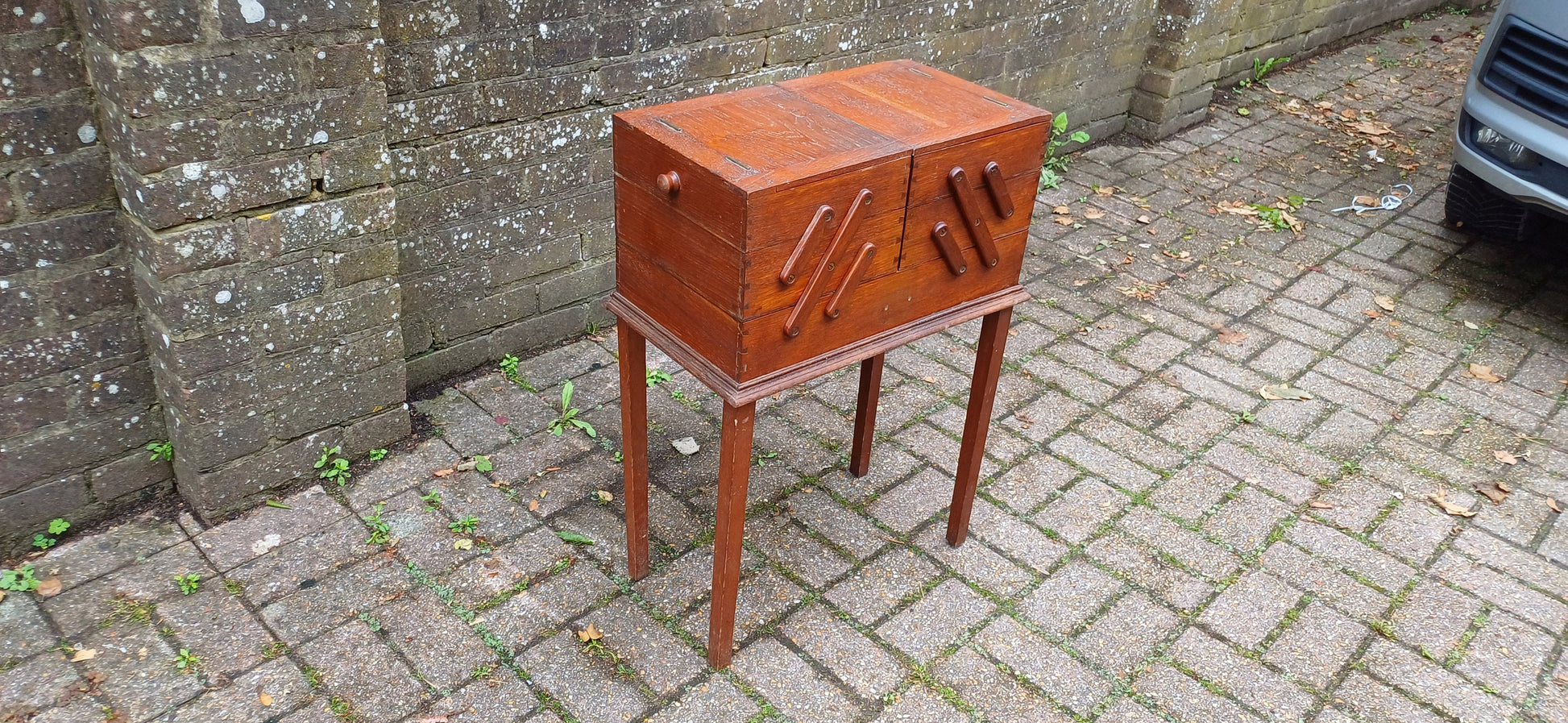 Vintage Solid Oak Tall Extending Workbox Storage