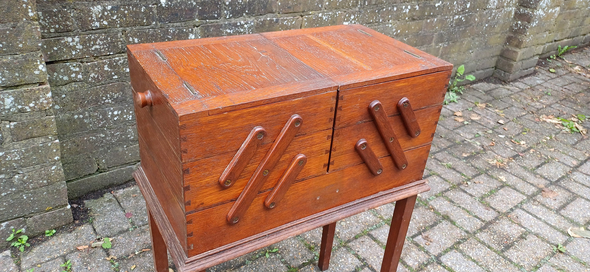 Vintage Solid Oak Tall Extending Workbox Storage