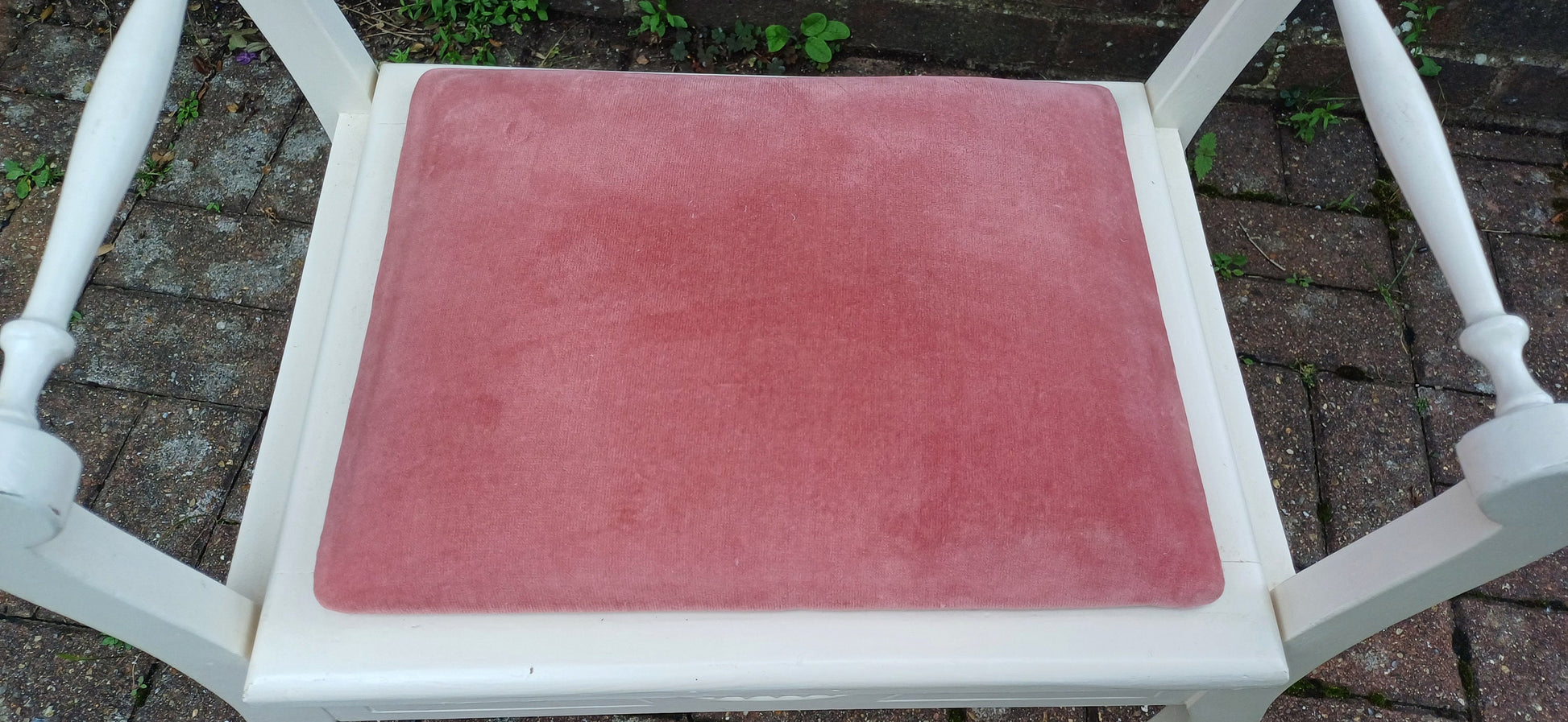 Vintage Painted White and Pink Upholstered Piano or Dressing Table Stool