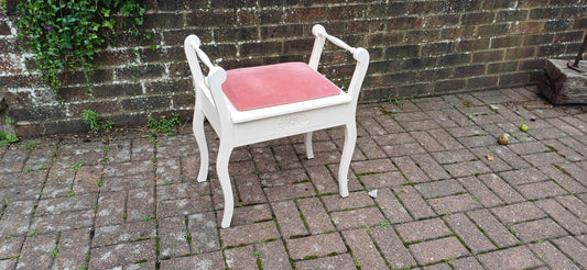 Vintage Painted White and Pink Upholstered Piano or Dressing Table Stool