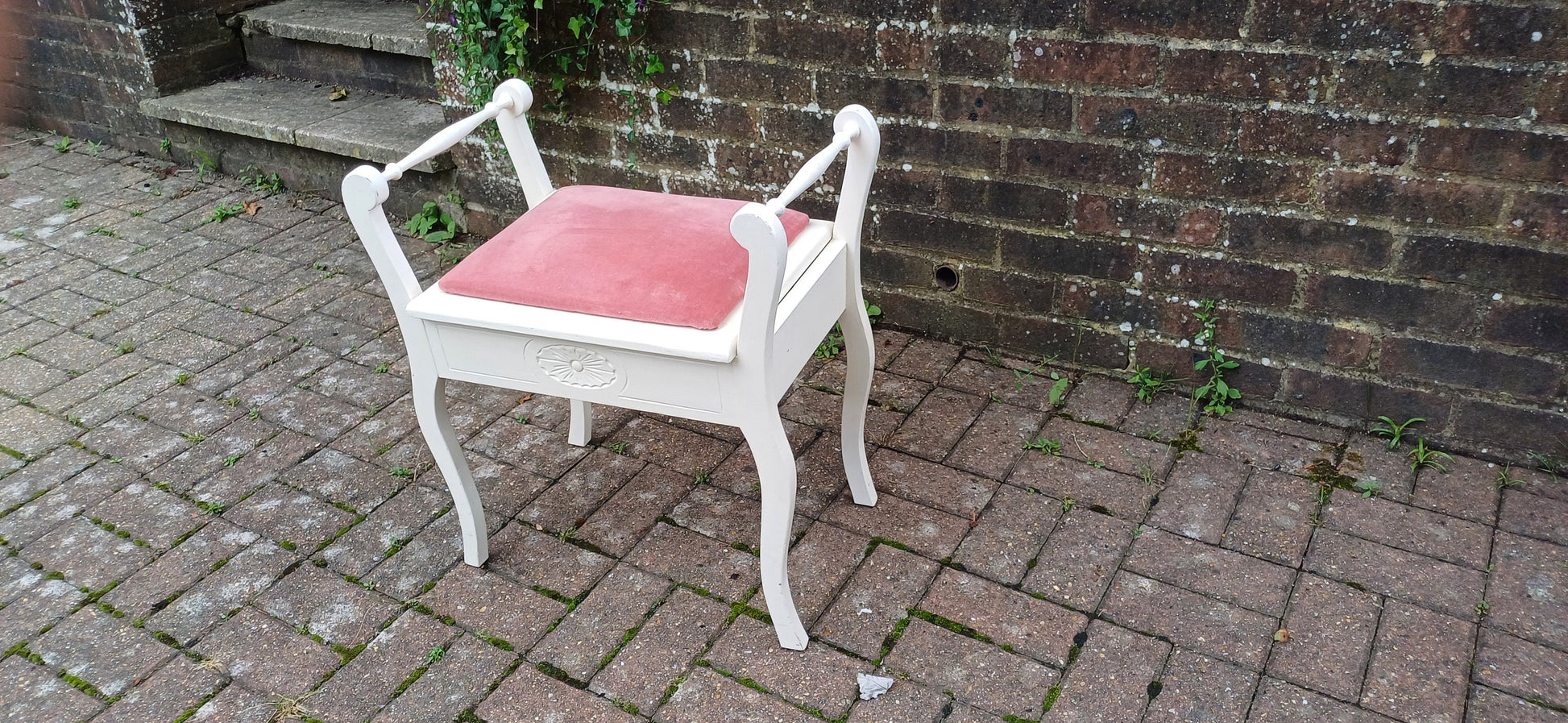 Vintage Painted White and Pink Upholstered Piano or Dressing Table Stool