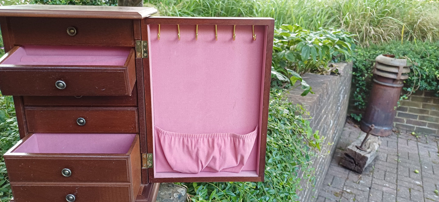 Vintage 70s Jewellery Storage Box Vanity Cupboard Walnut Effect with Mirror.