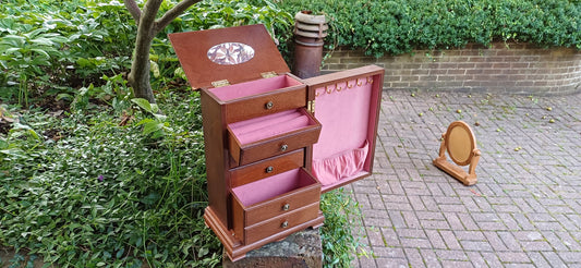 Vintage 70s Jewellery Storage Box Vanity Cupboard Walnut Effect with Mirror.