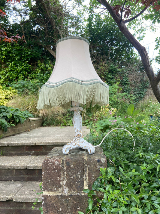 handpainted Dresden porcelain white table lamp with flower and gilt detail. Working lamp. Sold with very lovely vgc vintage shade.