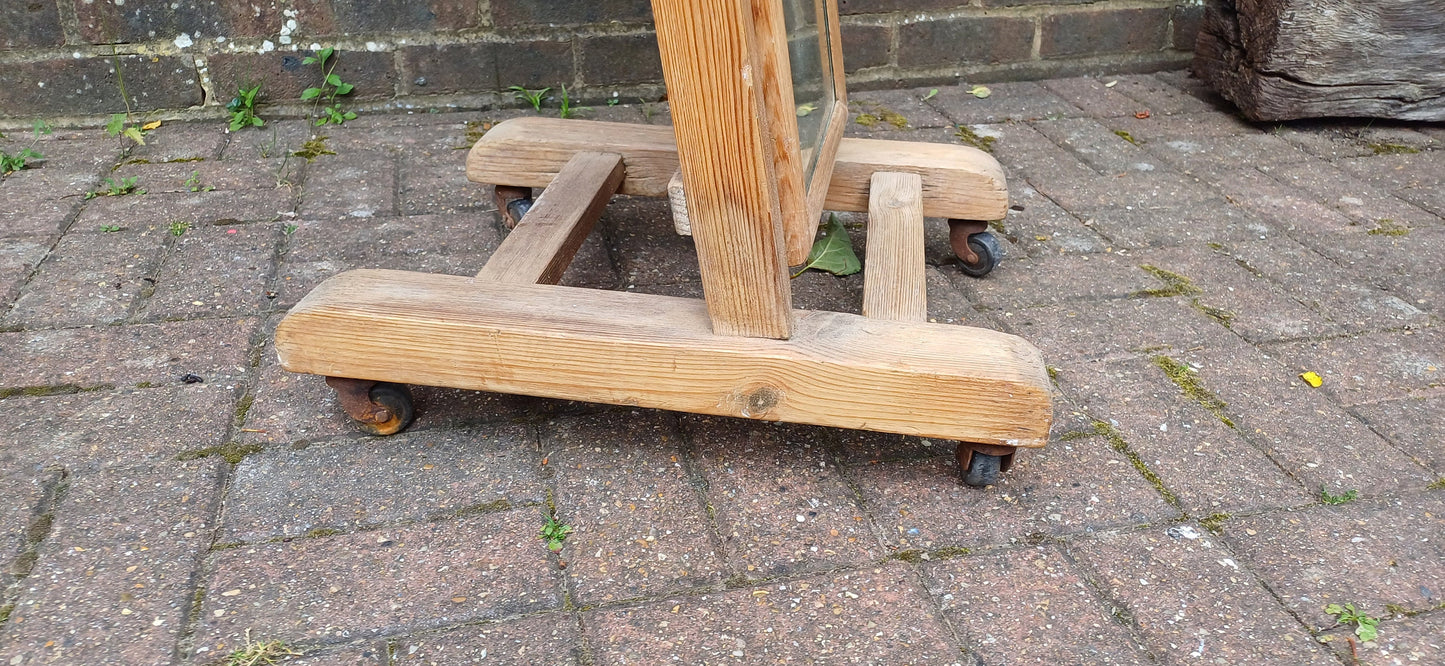 Unusual Former Shop Stripped Pine Cheval Mirror on Castors.