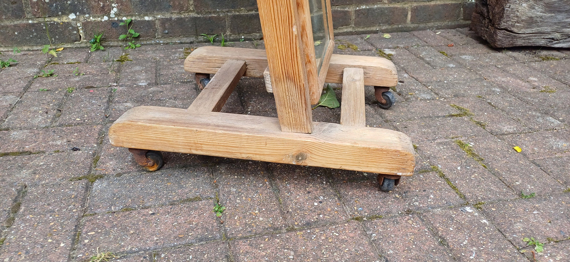 Unusual Former Shop Stripped Pine Cheval Mirror on Castors.