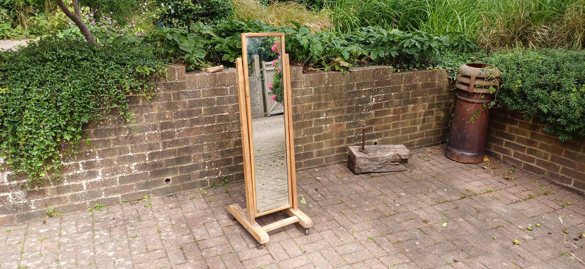 Unusual Former Shop Stripped Pine Cheval Mirror on Castors.