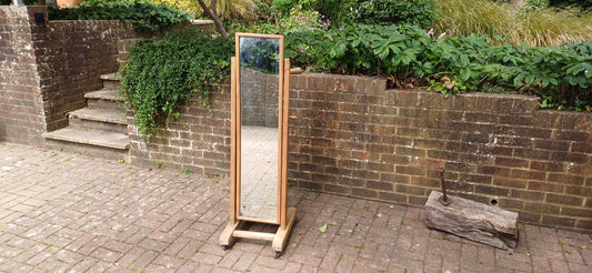 Unusual Former Shop Stripped Pine Cheval Mirror on Castors.