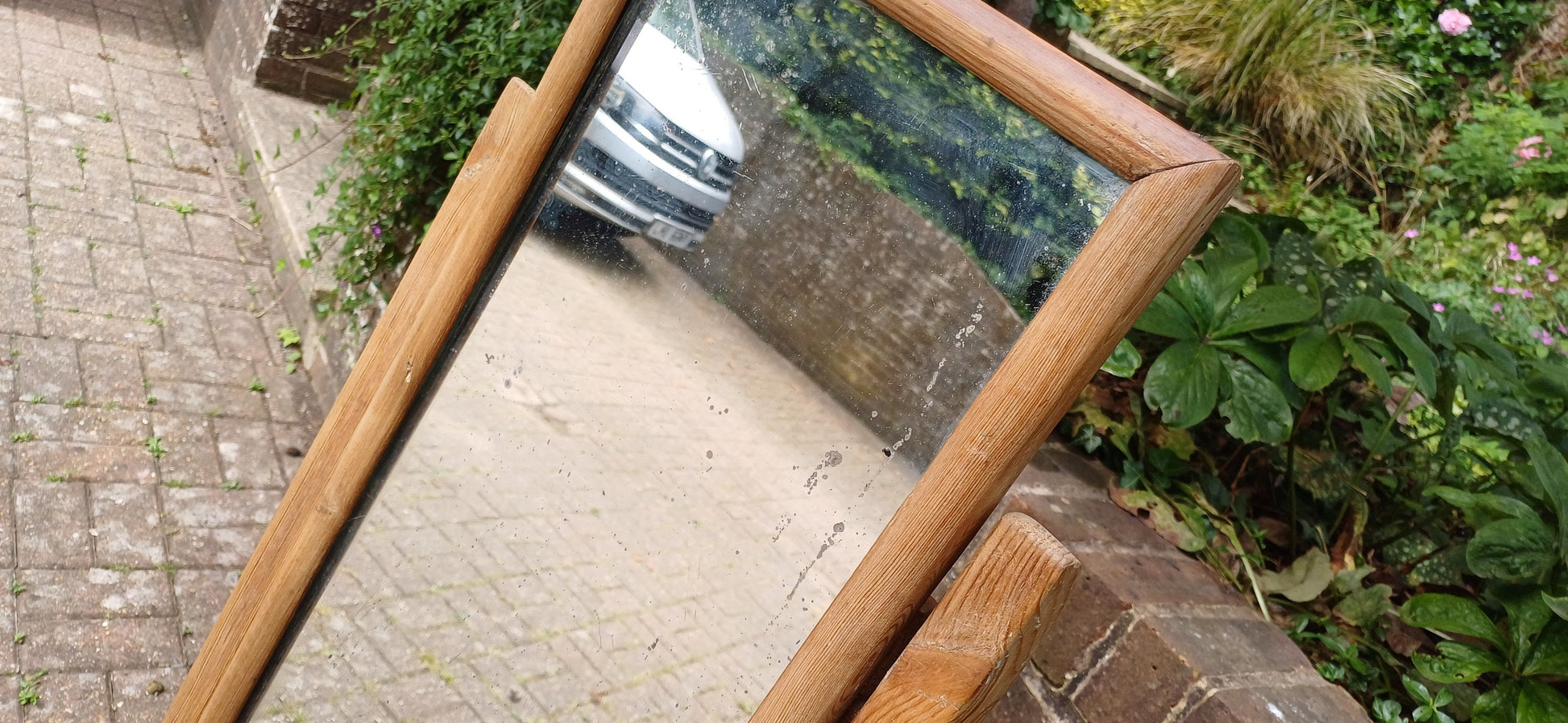 Unusual Former Shop Stripped Pine Cheval Mirror on Castors.