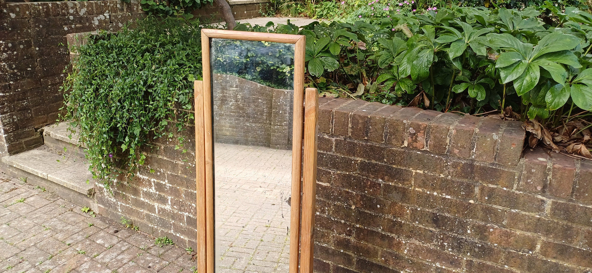 Unusual Former Shop Stripped Pine Cheval Mirror on Castors.
