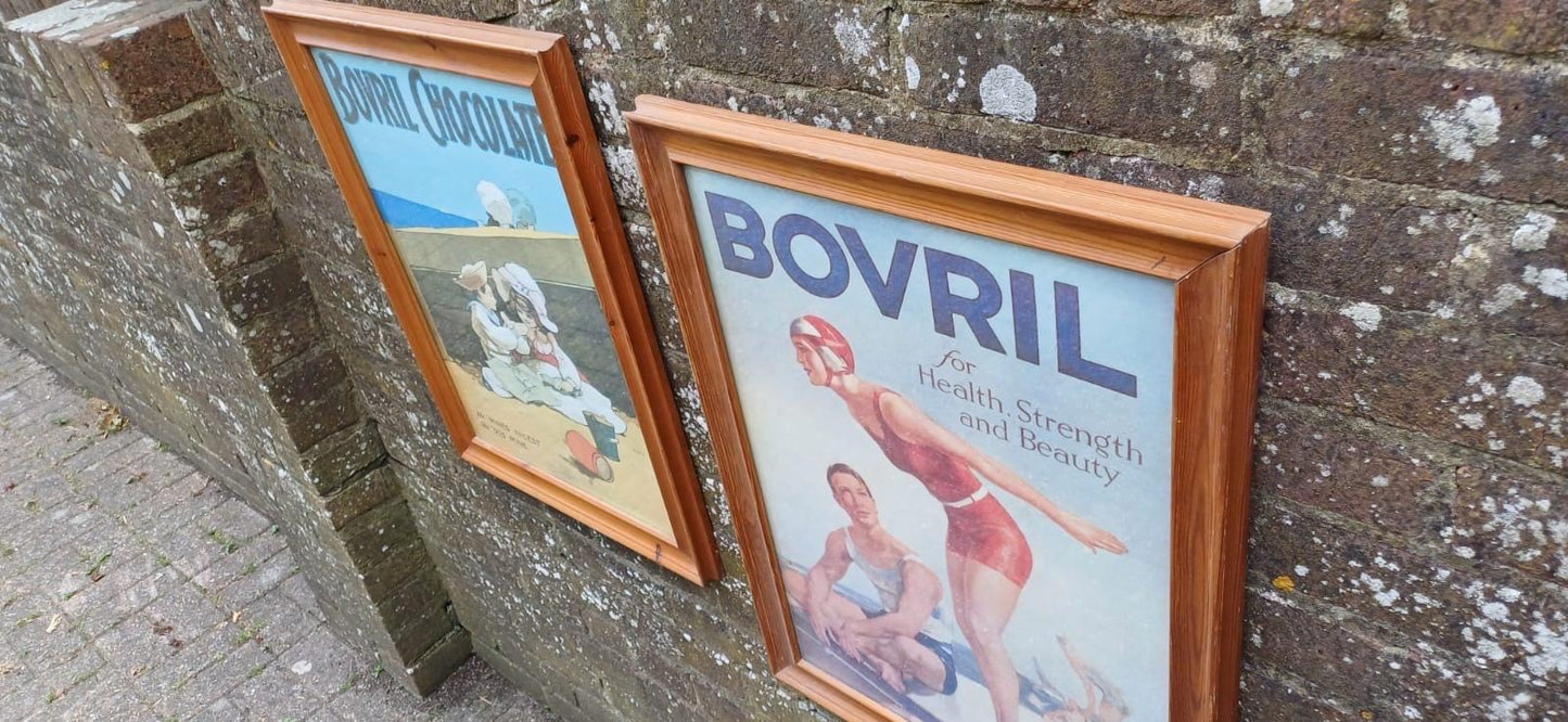 Vintage Bovril Advertising Posters x 2 in glazed vintage pine frames - large retail adverts in frames