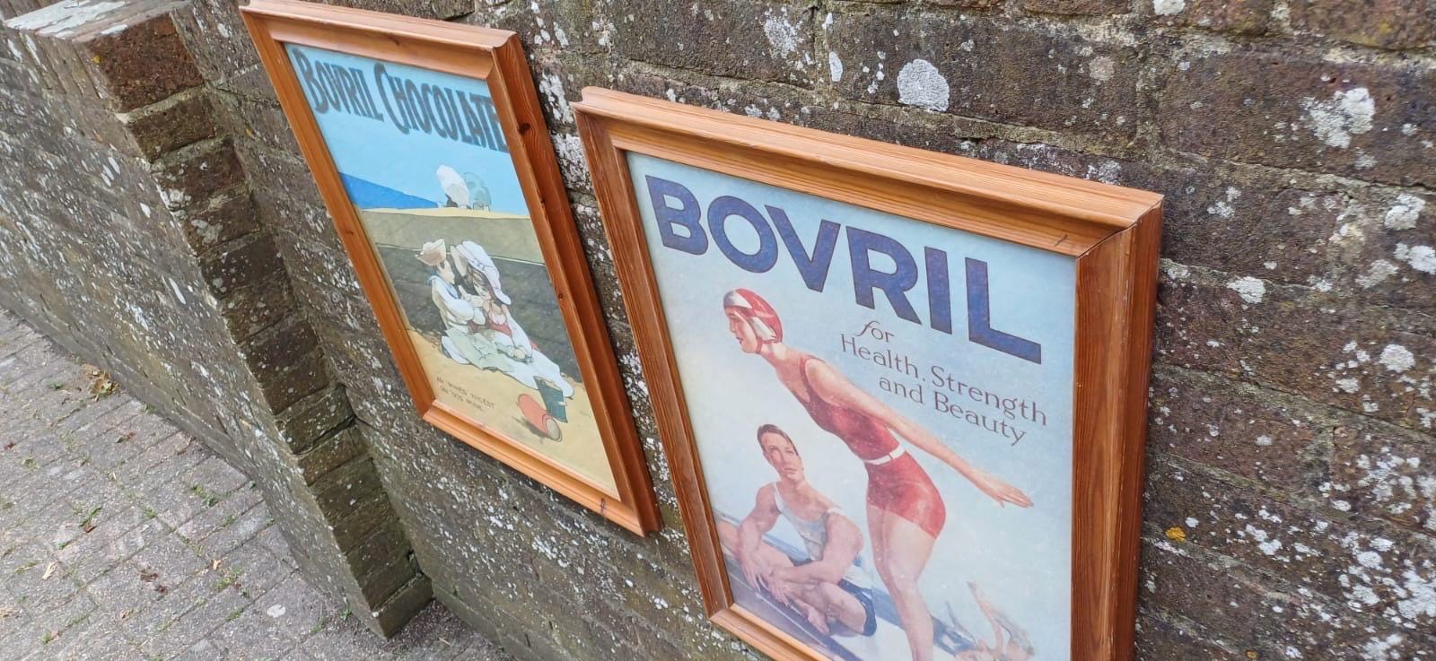 Vintage Bovril Advertising Posters x 2 in glazed vintage pine frames - large retail adverts in frames