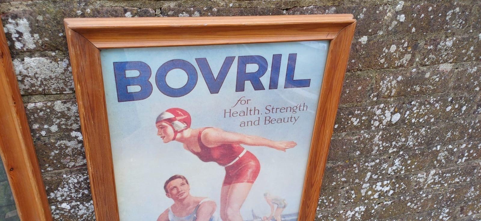 Vintage Bovril Advertising Posters x 2 in glazed vintage pine frames - large retail adverts in frames
