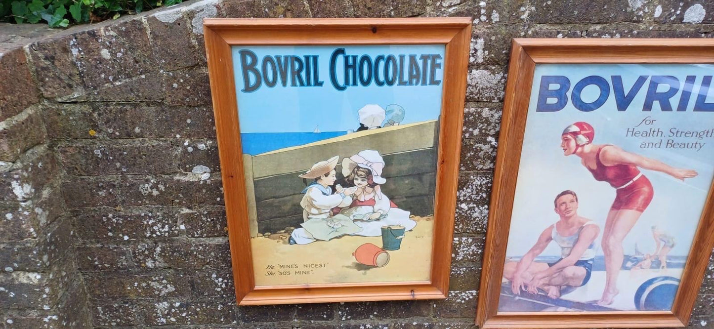 Vintage Bovril Advertising Posters x 2 in glazed vintage pine frames - large retail adverts in frames