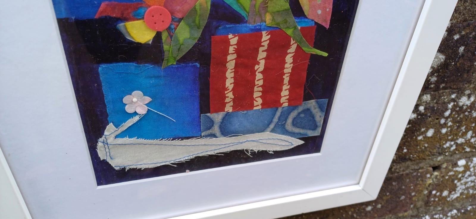 Vintage mixed media picture of Flowers on Display in Vases - "Flowers in a Red Box" by Una Aldridge