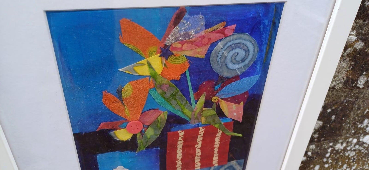 Vintage mixed media picture of Flowers on Display in Vases - "Flowers in a Red Box" by Una Aldridge