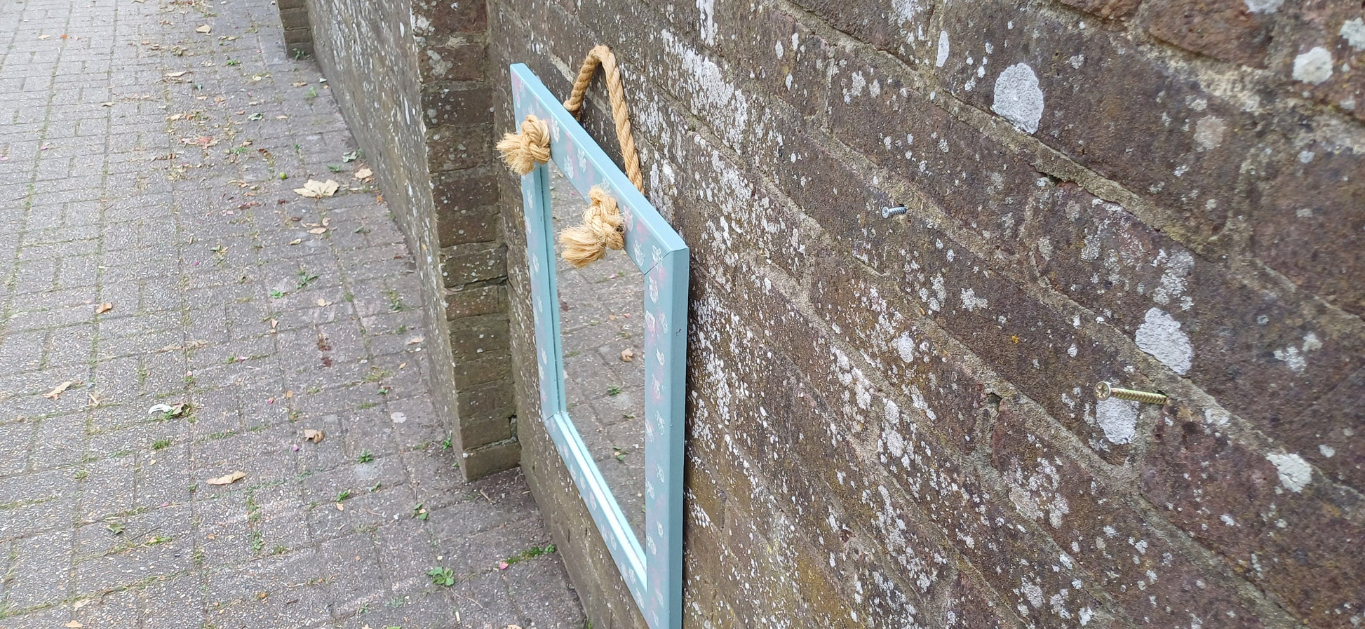 Large Bespoke Hand Painted Mirror with Rope for Hanging. Pink White and Blue