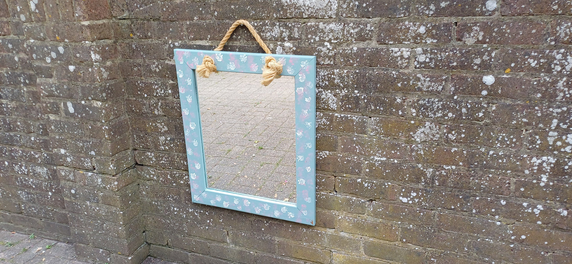 Large Bespoke Hand Painted Mirror with Rope for Hanging. Pink White and Blue