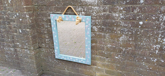 Large Bespoke Hand Painted Mirror with Rope for Hanging. Pink White and Blue
