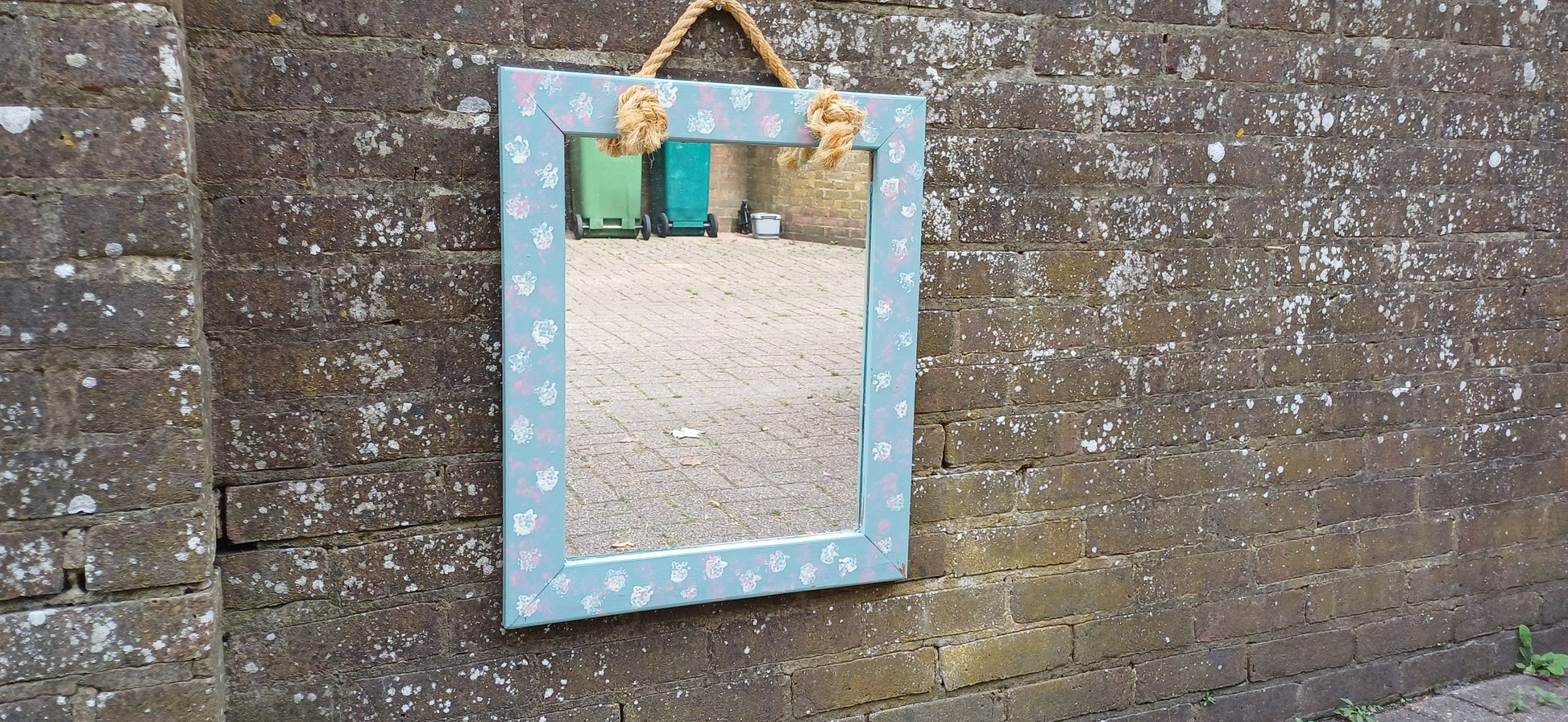 Large Bespoke Hand Painted Mirror with Rope for Hanging. Pink White and Blue