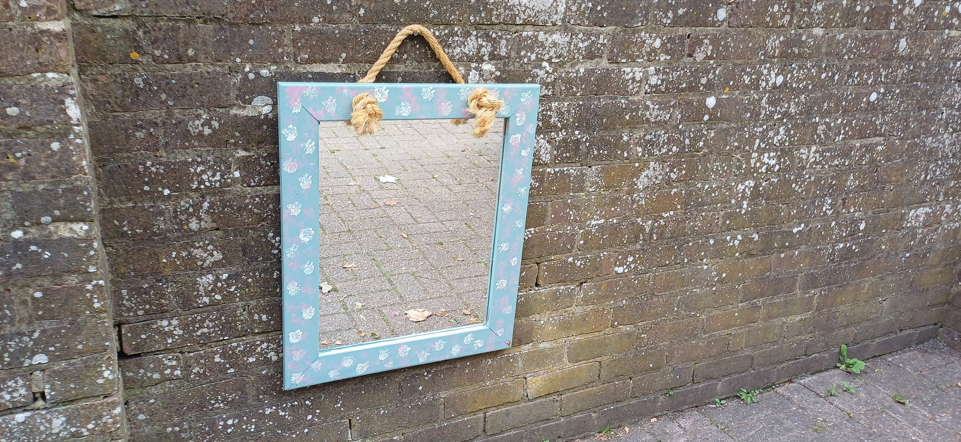 Large Bespoke Hand Painted Mirror with Rope for Hanging. Pink White and Blue