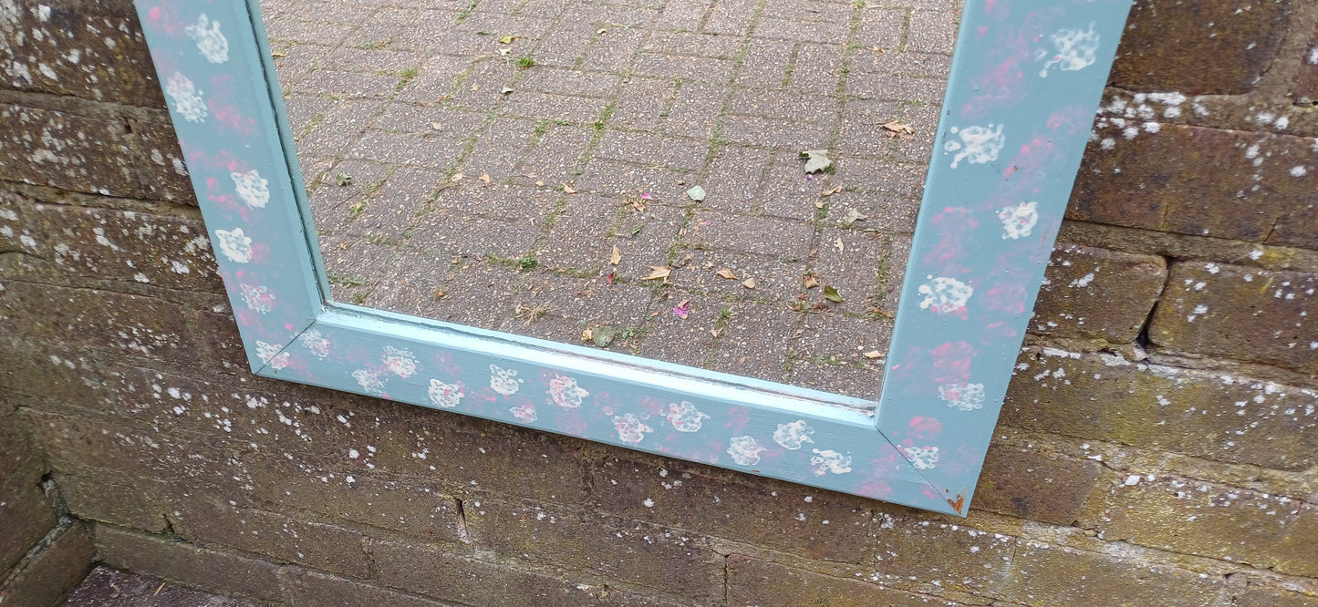 Large Bespoke Hand Painted Mirror with Rope for Hanging. Pink White and Blue