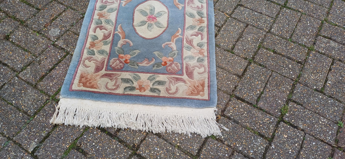 Classic 70s or 80s Decorative Patterned Rug Vintage Wool Woollen Rug Blue.