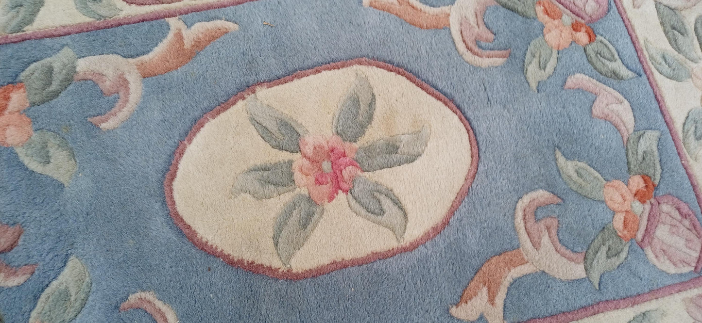 Classic 70s or 80s Decorative Patterned Rug Vintage Wool Woollen Rug Blue.