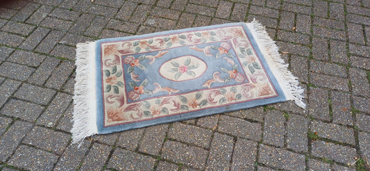 Classic 70s or 80s Decorative Patterned Rug Vintage Wool Woollen Rug Blue.