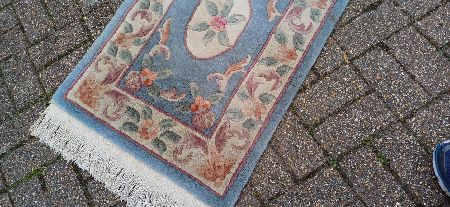 Classic 70s or 80s Decorative Patterned Rug Vintage Wool Woollen Rug Blue.