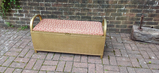 Superbly Preserved Vintage Retro Lloyd Loom Style Upholstered Ottoman in Gold and Red.