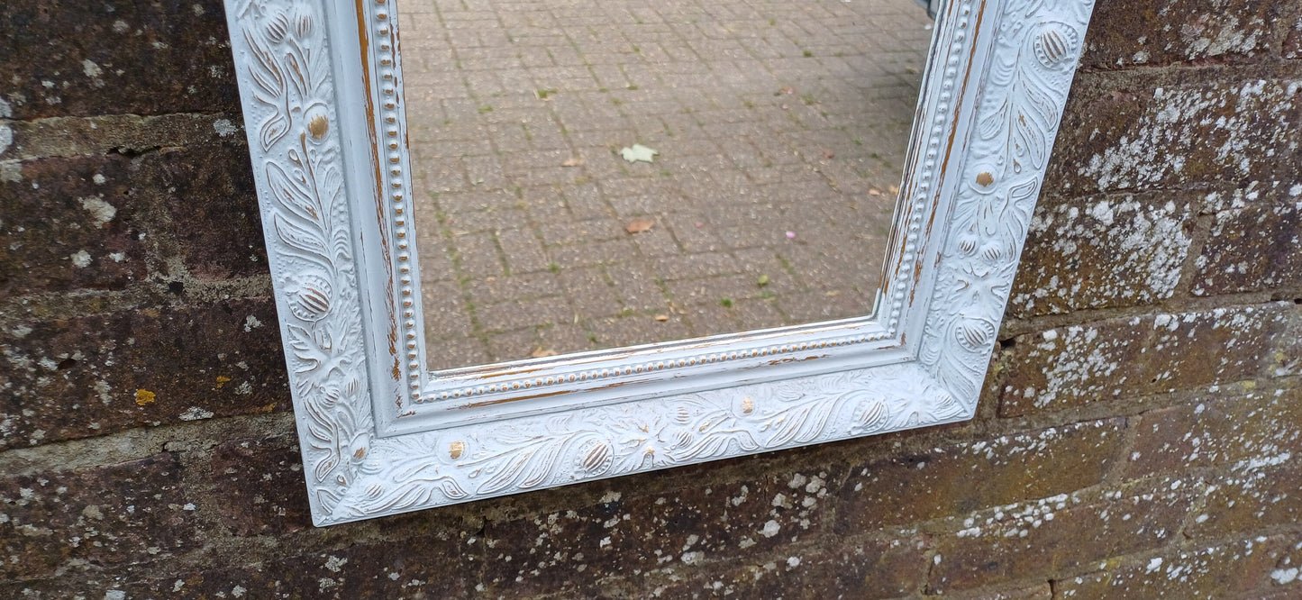 Small Ornate Painted Shabby Chic Mirror in Farrow and Ball Light Blue. Gold Highlights.