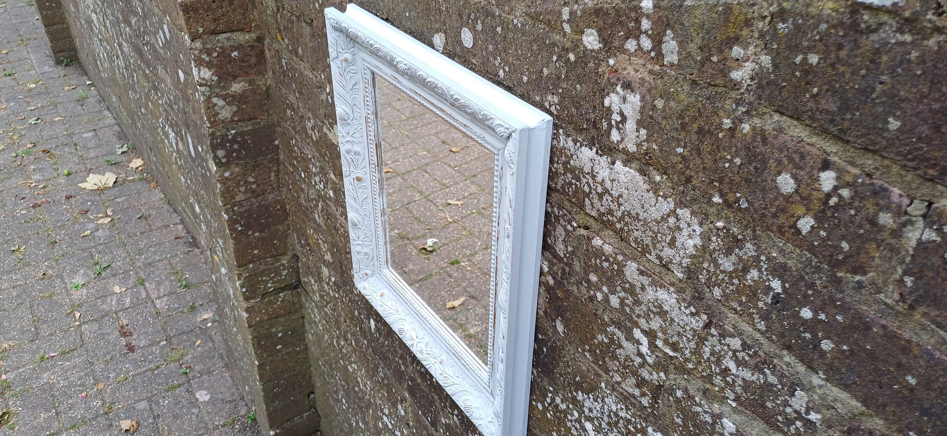 Small Ornate Painted Shabby Chic Mirror in Farrow and Ball Light Blue. Gold Highlights.