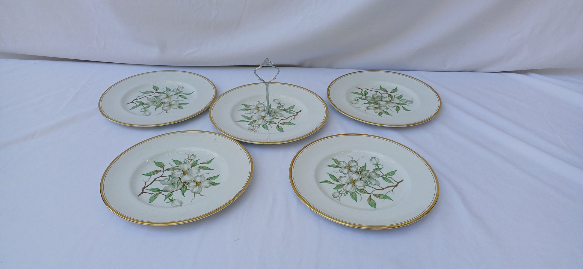 Vintage Simpson’s Potteries ‘Dogwood’ Sandwich Cake Set with Tiered Cake Plate. Tea Party! White Flower Floral