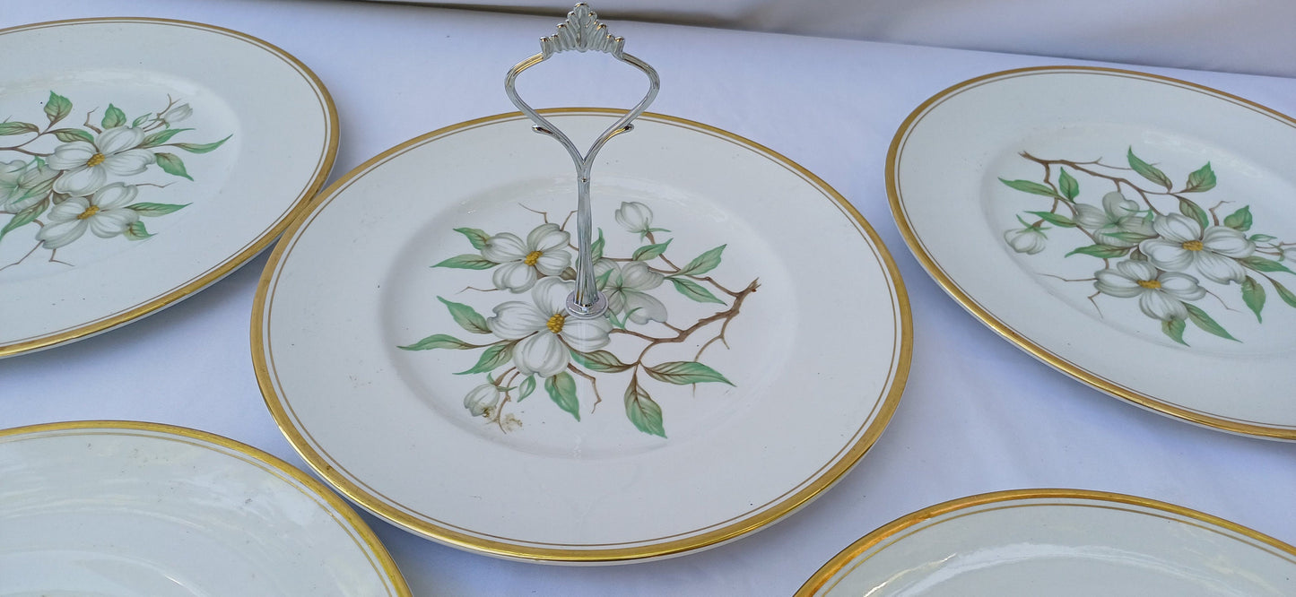 Vintage Simpson’s Potteries ‘Dogwood’ Sandwich Cake Set with Tiered Cake Plate. Tea Party! White Flower Floral