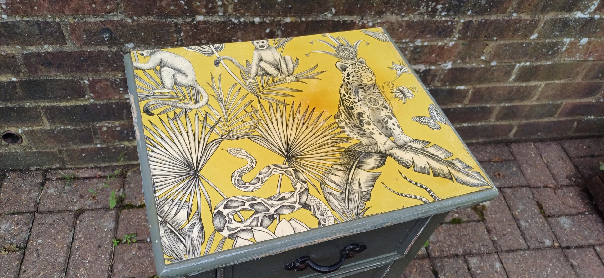 Quirky Painted Shabby Chic Bedside Cupboard with Jungle Wildlife Snake Tiger Monkey Decoupage