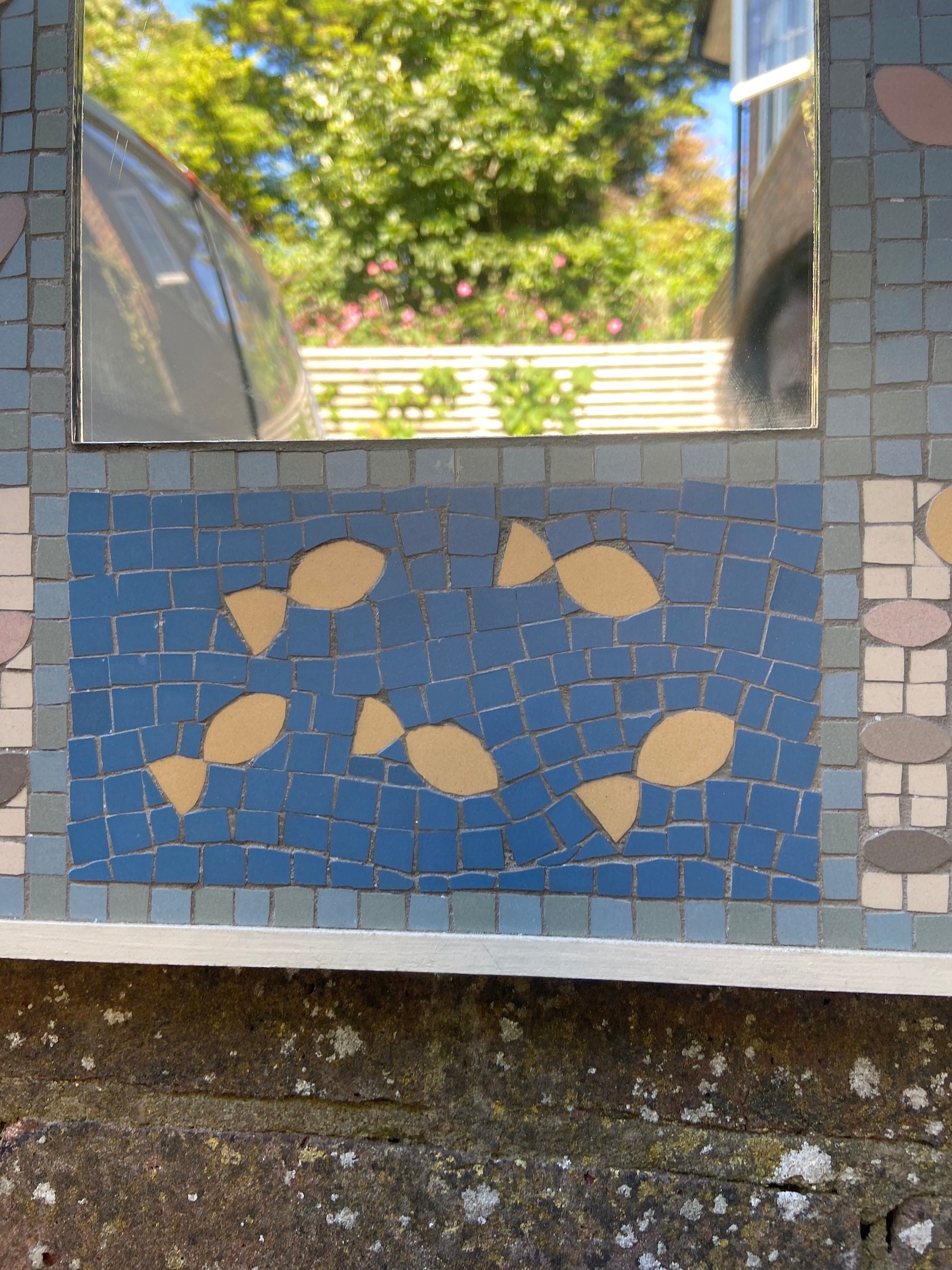 Wonderful vintage mosaic mirror - handmade in Britain - beautiful blues, animals and flowers - art deco like