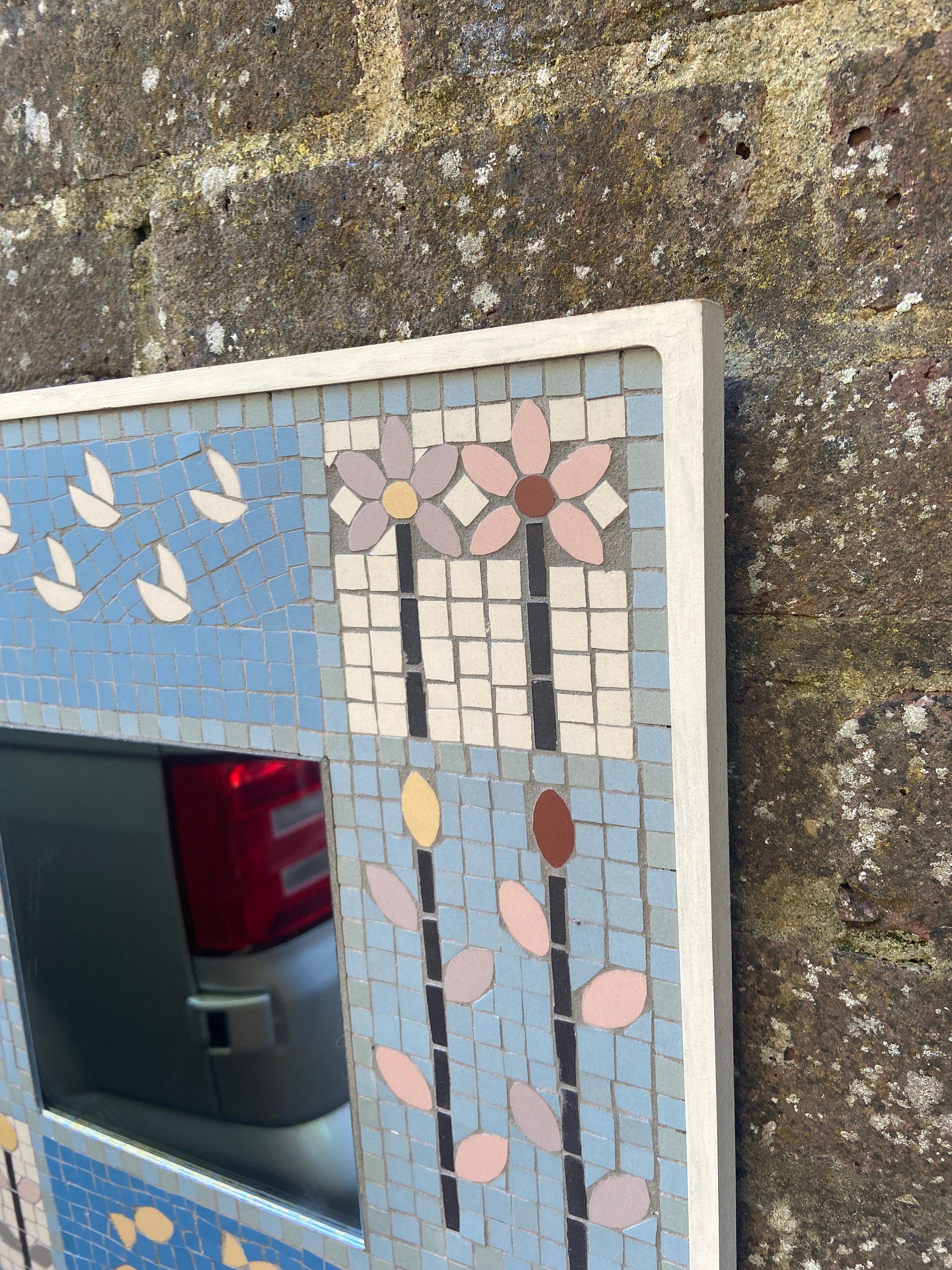Wonderful vintage mosaic mirror - handmade in Britain - beautiful blues, animals and flowers - art deco like